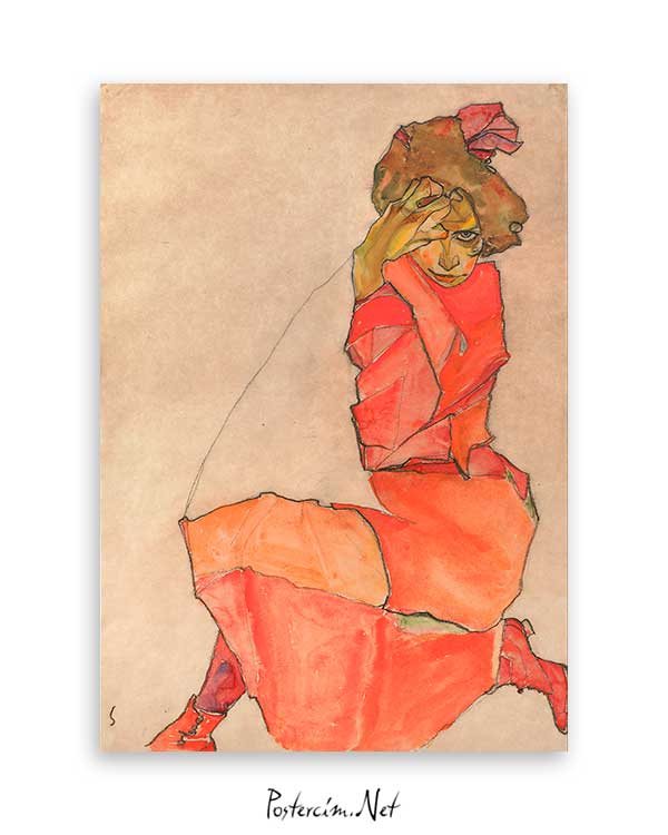 Kneeling Girl in Orange Red Dress Poster